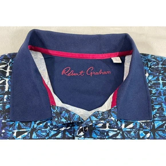 ROBERT GRAHAM Geometric Men's Sz Large Abstract Camouflage Print Blue Polo Shirt